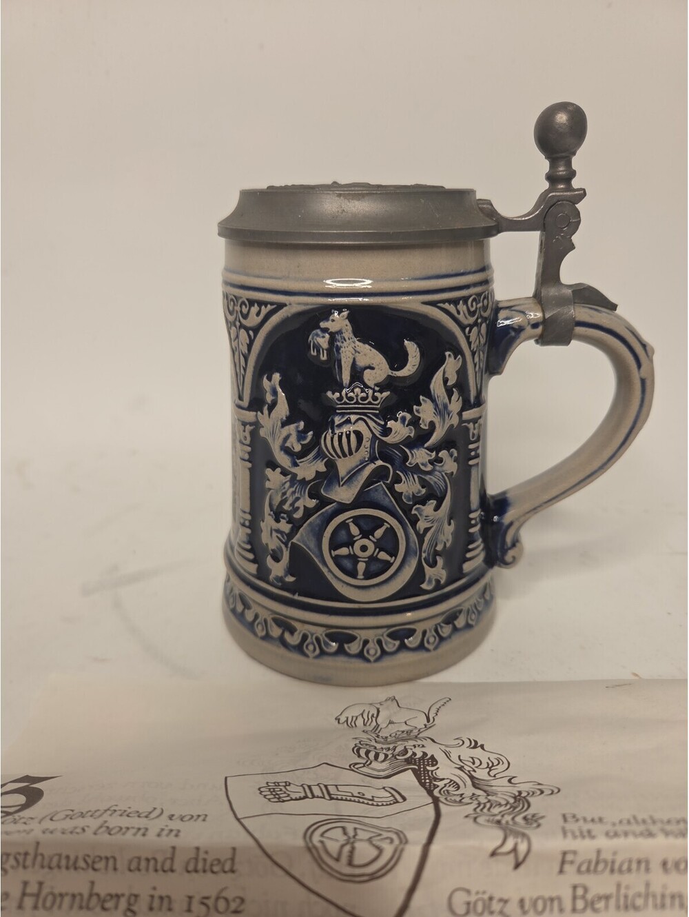 GERZ German Lidded Beer Stein, Götz von Berlichingen, Zinn Lid, The Iron Hand